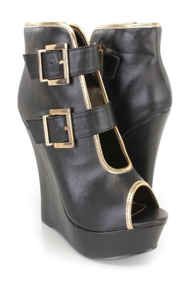 Black Buckle Accents Peep Toe Platform Wedges Faux Leather