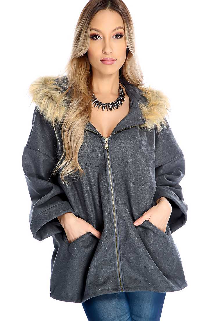 Stylish Charcoal Faux Fur Hoodie Zip Up Poncho