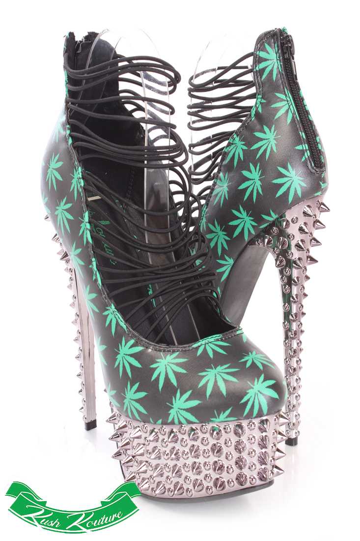 Black Green Printed Strappy High Heels Faux Leather