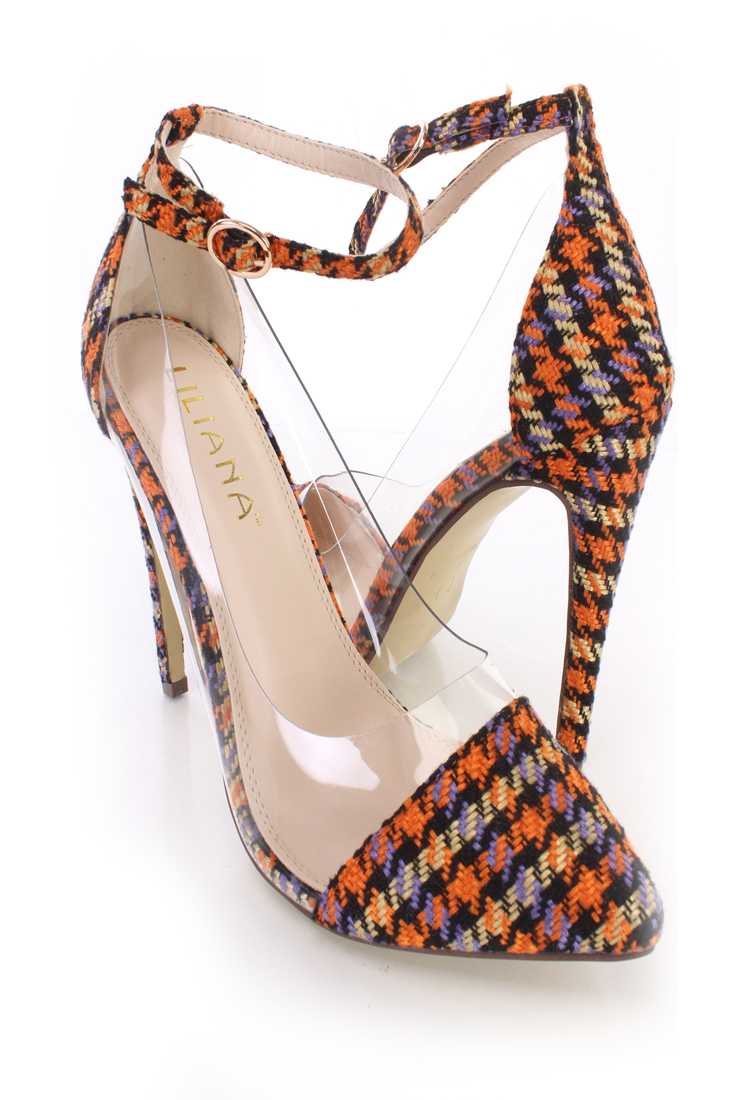 Orange Multi Pointed Toe Single Sole High Heels Tweed