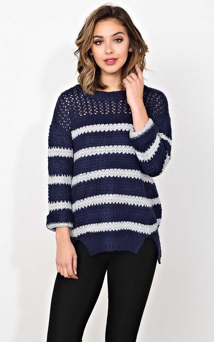 Navy Striped Eyelet Sweater - - Navy Combo in Size by Styles For Less