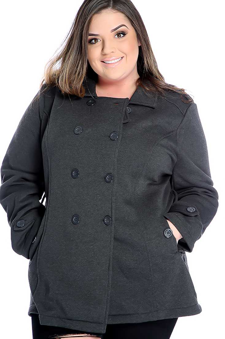 Warm Charcoal Plus Size Button Up Long Sleeve Jacket
