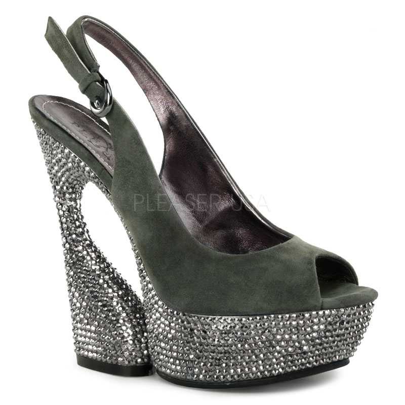 Olive Rhinestone Slingback High Heels Faux Suede