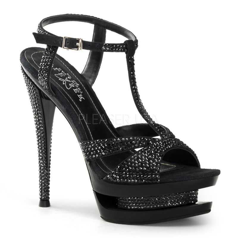 Black Rhinestone T Strap High Heels Faux Suede