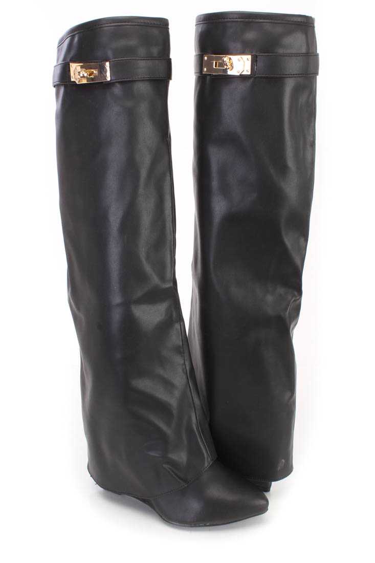 Black Pointed Toe Wedge Boots Faux Leather