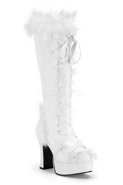 White Faux Leather Fur Trim Lace Up Heel Boots