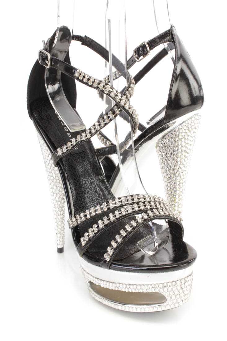 Black Rhinestone Strappy Platform 6 Inch High Heels Faux Leather