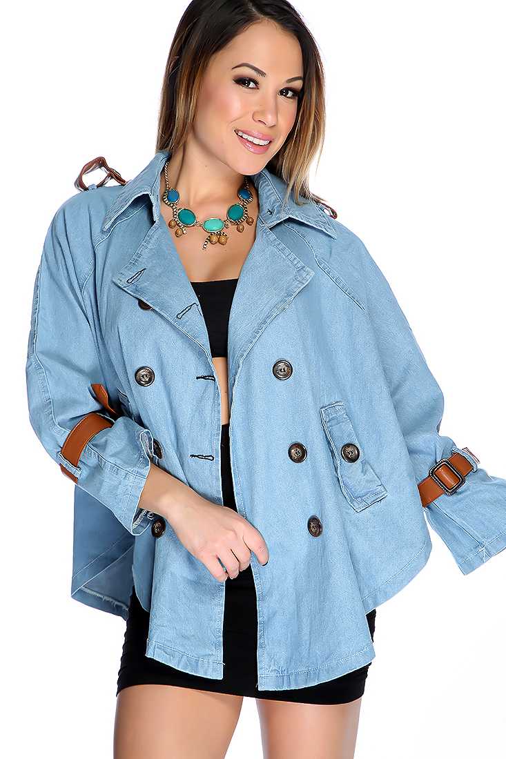 Light Blue Long Sleeve Faux Leather Strap Denim arkJacket