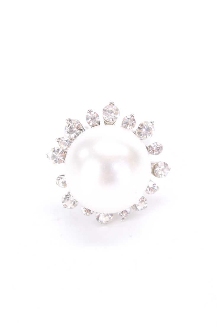 Silver High Polish Over Sized Pearl Rhinestone Lining Ring