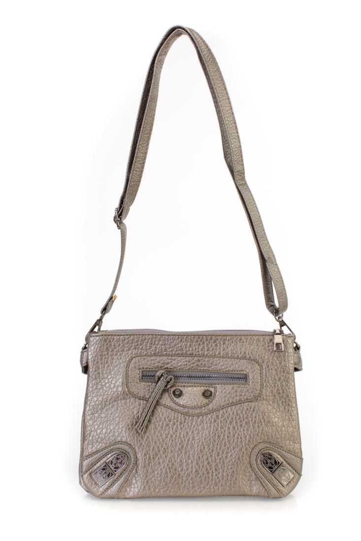 Pewter Crinkled Faux Leather Double Zipper Handbag
