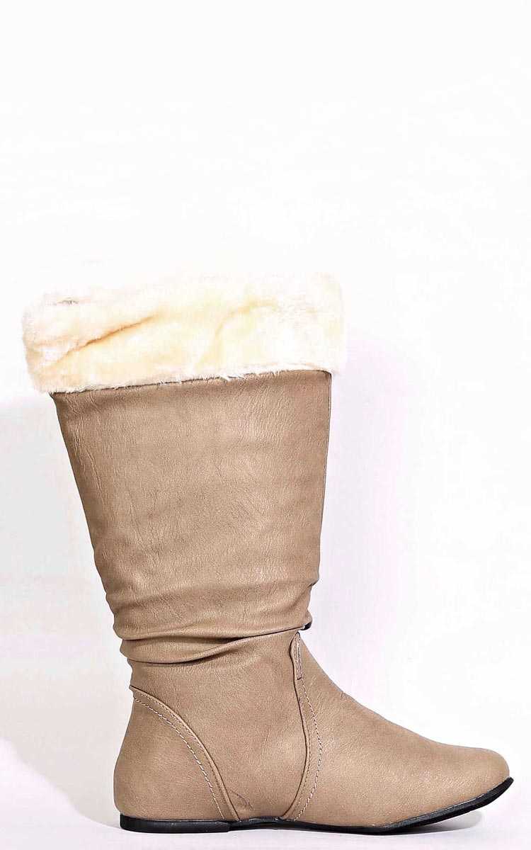 Eva Fur Lined Flat Boots - Taupe in Size 9 by Styles For Less