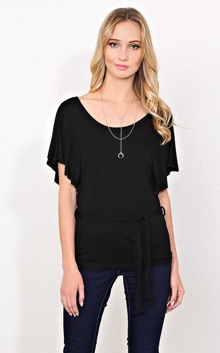 Flutter Away Belted Knit Top - SML - Black in Size Small by Styles For Less