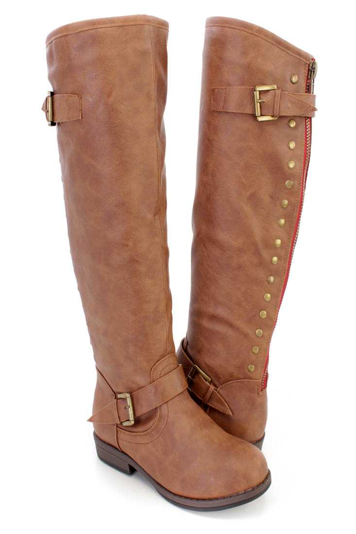 Camel Studded Knee High Riding Boots Faux Leather