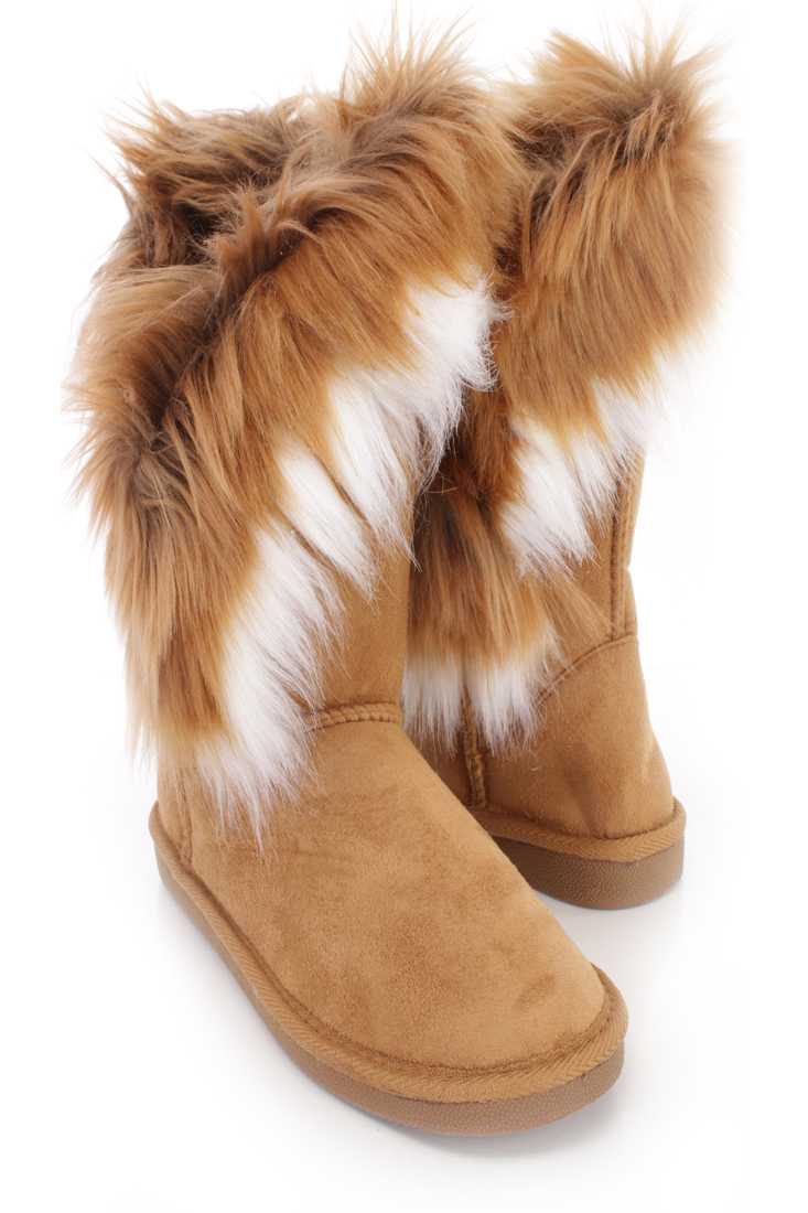 Camel Faux Fur Trim Slip On Casual Boots Faux Suede