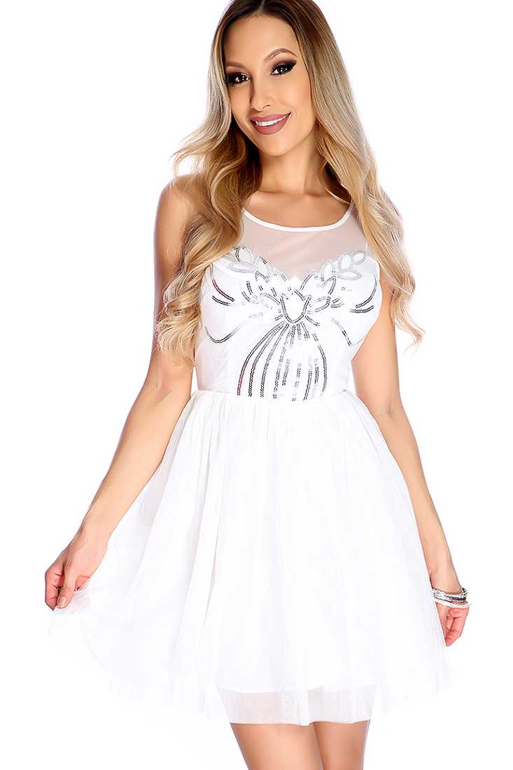 Sexy White Sleeveless Mesh Embroider Sequence Detail Cocktail Dress
