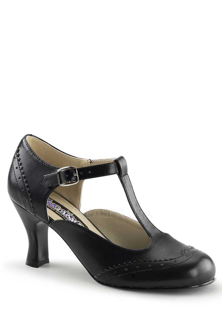 Black T Strap Winged Toe High Heels Faux Leather