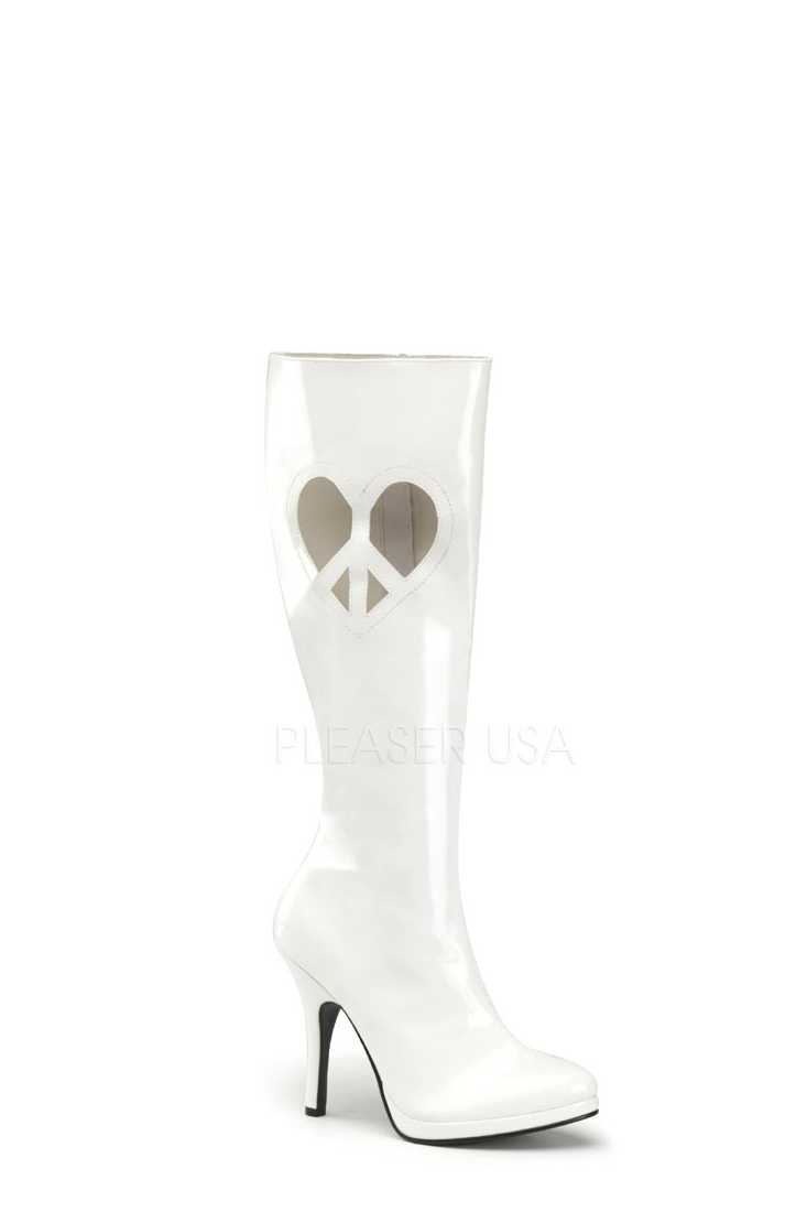 White Peace Heart Cut Out Knee High Boots Patent