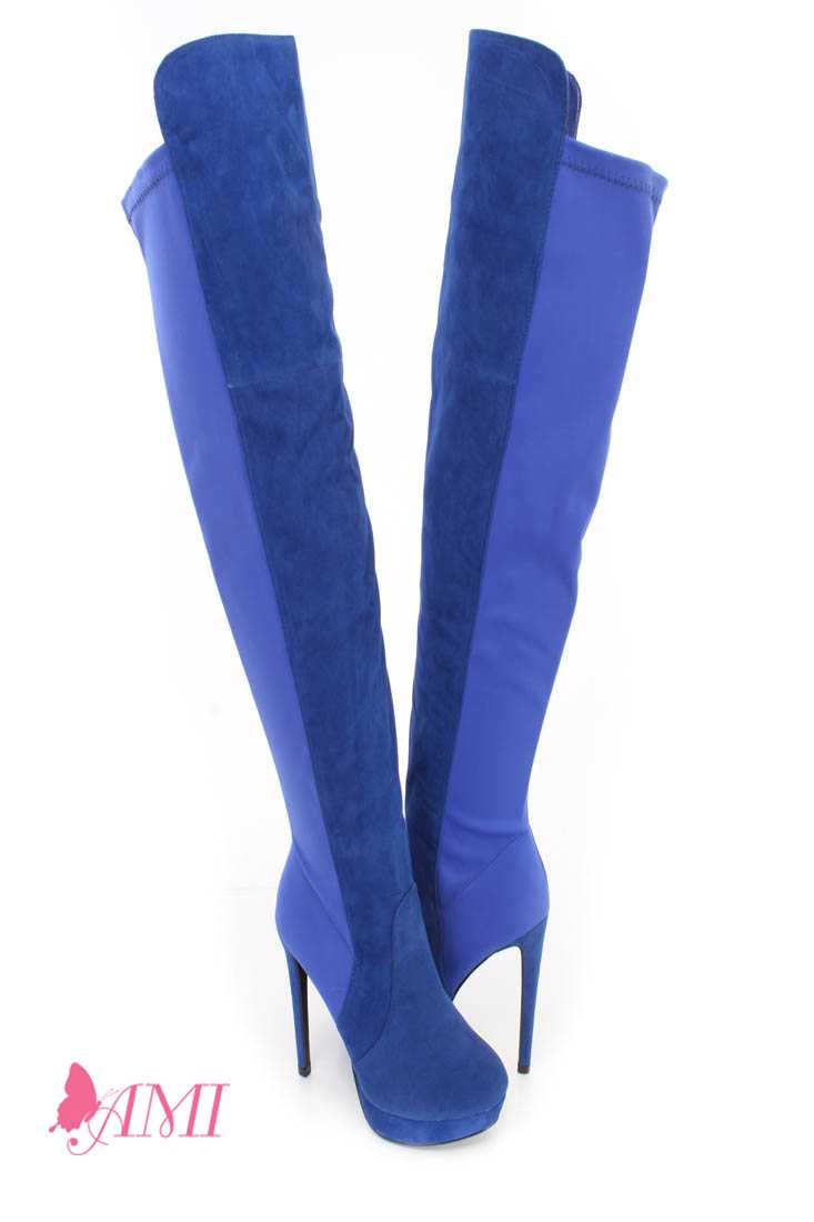 Blue Thigh High Platform High Heel Boots Faux Suede