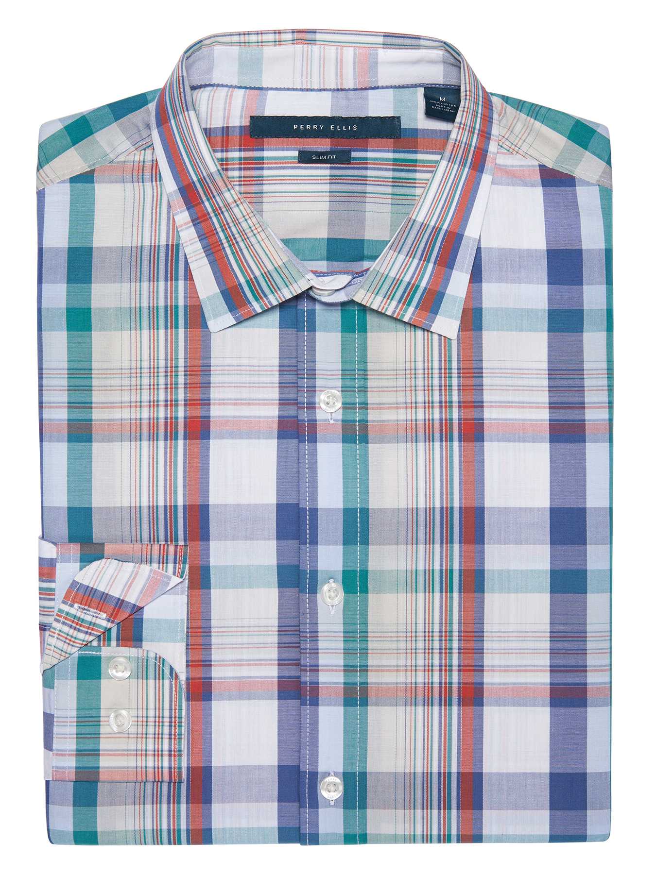 Perry Ellis Slim Fit Roll Sleeve Plaid Shirt
