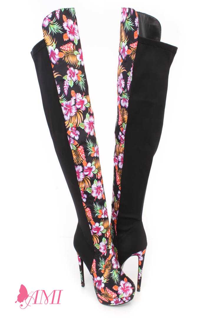 Pink Flower Print Thigh High Platform High Heel Boots Fabric