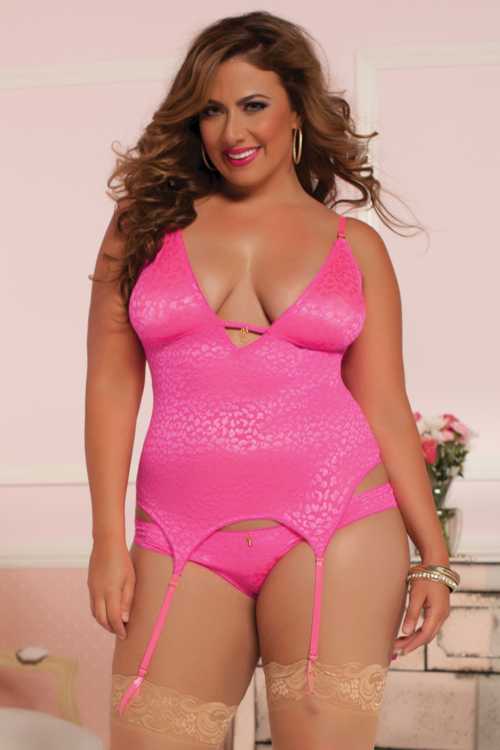 Pink Sexy Leopard Candy Cat Cami Set Undergarment Set Plus Size