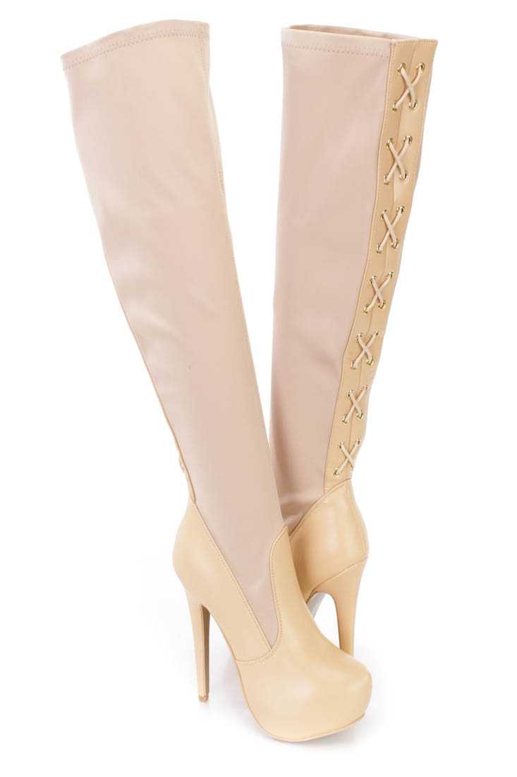 Natural High Heel Platform Boots Faux Leather