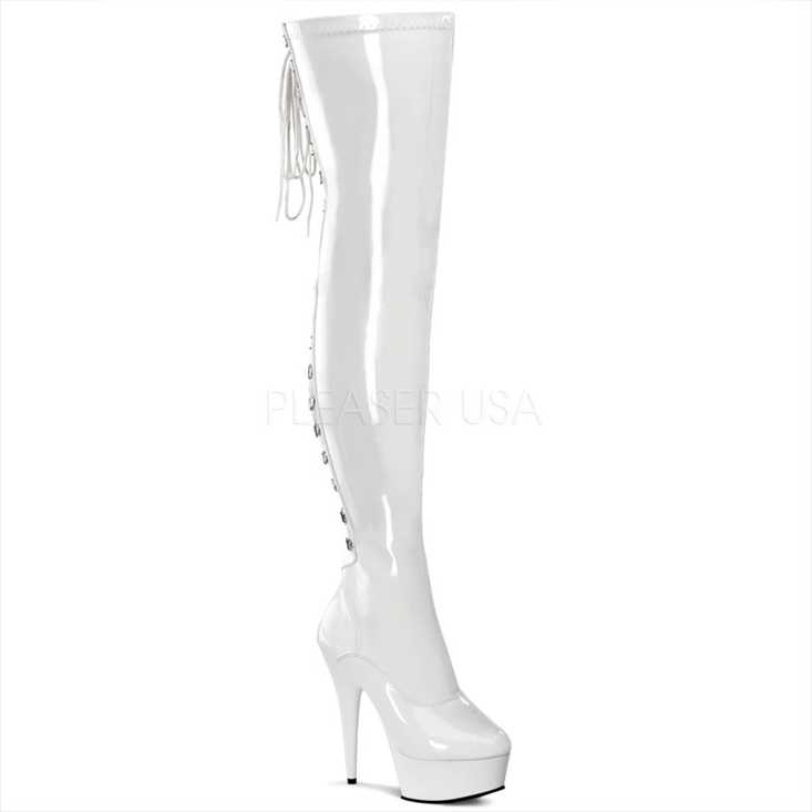 White Patent Lace Up Thigh High Boots