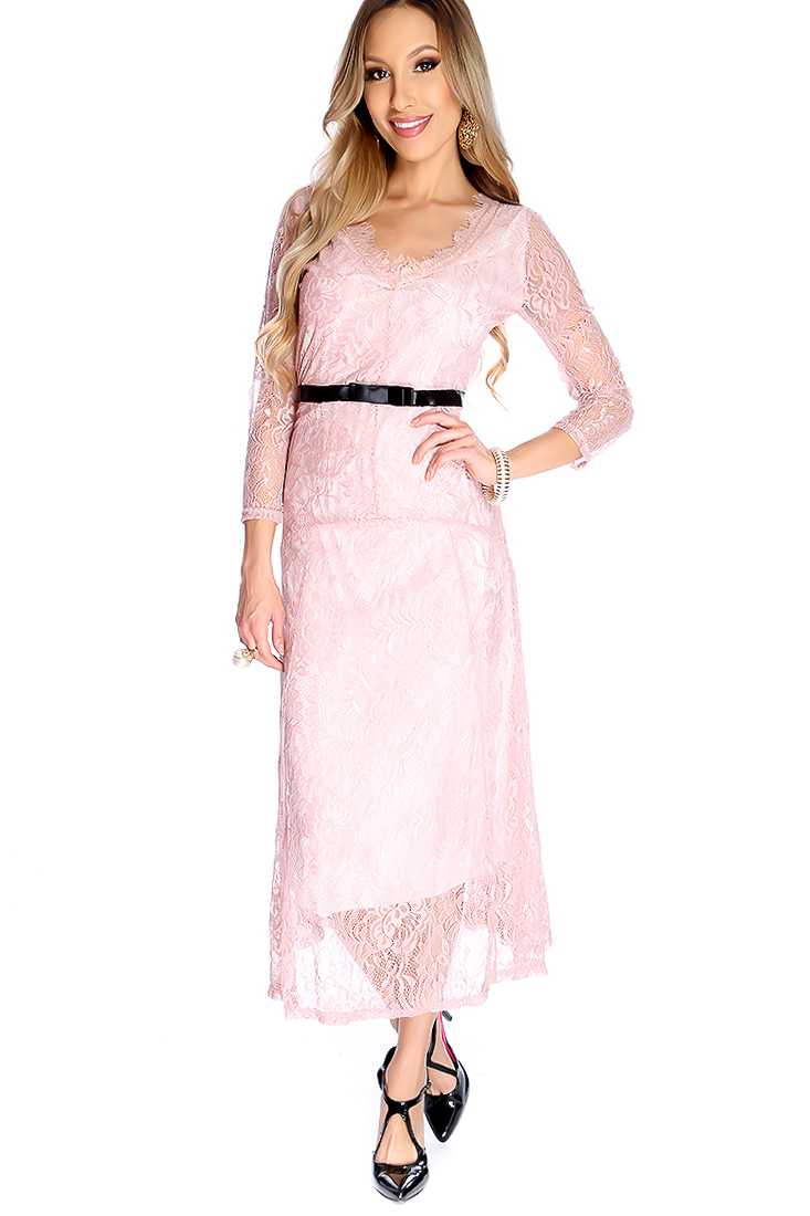 Sexy Dusty Pink Floral Lace Ribbon Waistband Midi Party Prom Dress
