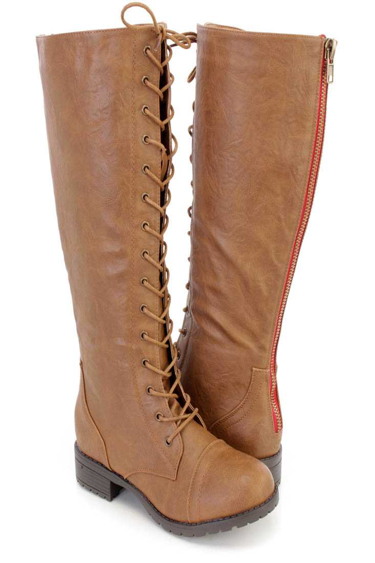 Camel Lace Up Mid Calf Combat Boots Faux Leather