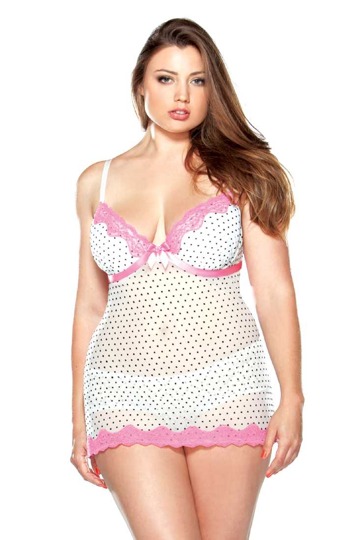 Pink White Push-Up Polka Dot Babydoll Lingerie Sexy Plus Size