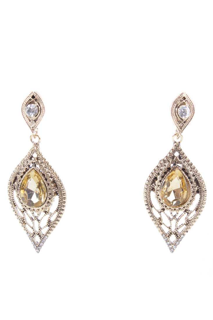 Topaz Gold Intricate Design Faceted Beaded Tear Drop Earrings