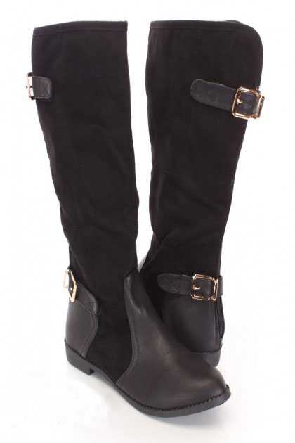 Black Mid Calf Strappy Boots Faux Suede Leather
