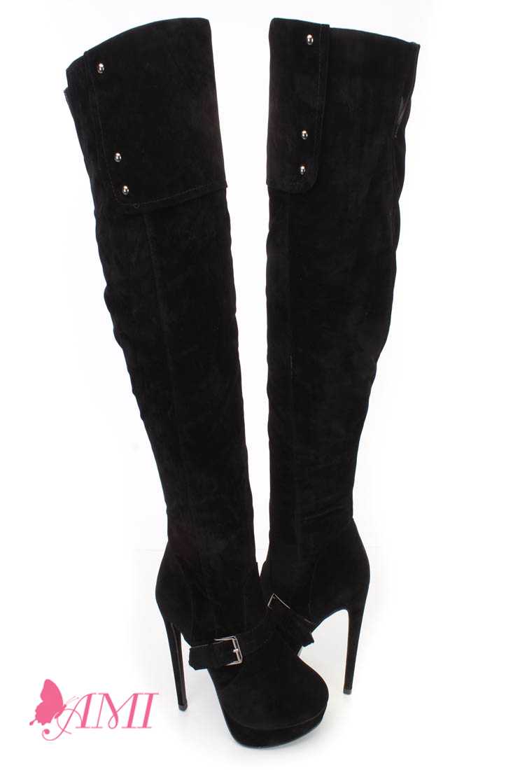 Black Thigh High Platform High Heel Boots Faux Suede