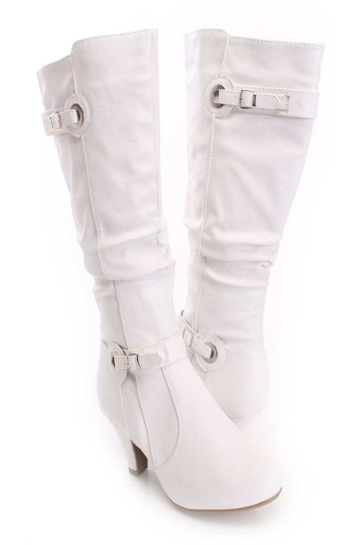 White Slouchy Knee High Boots Faux Leather