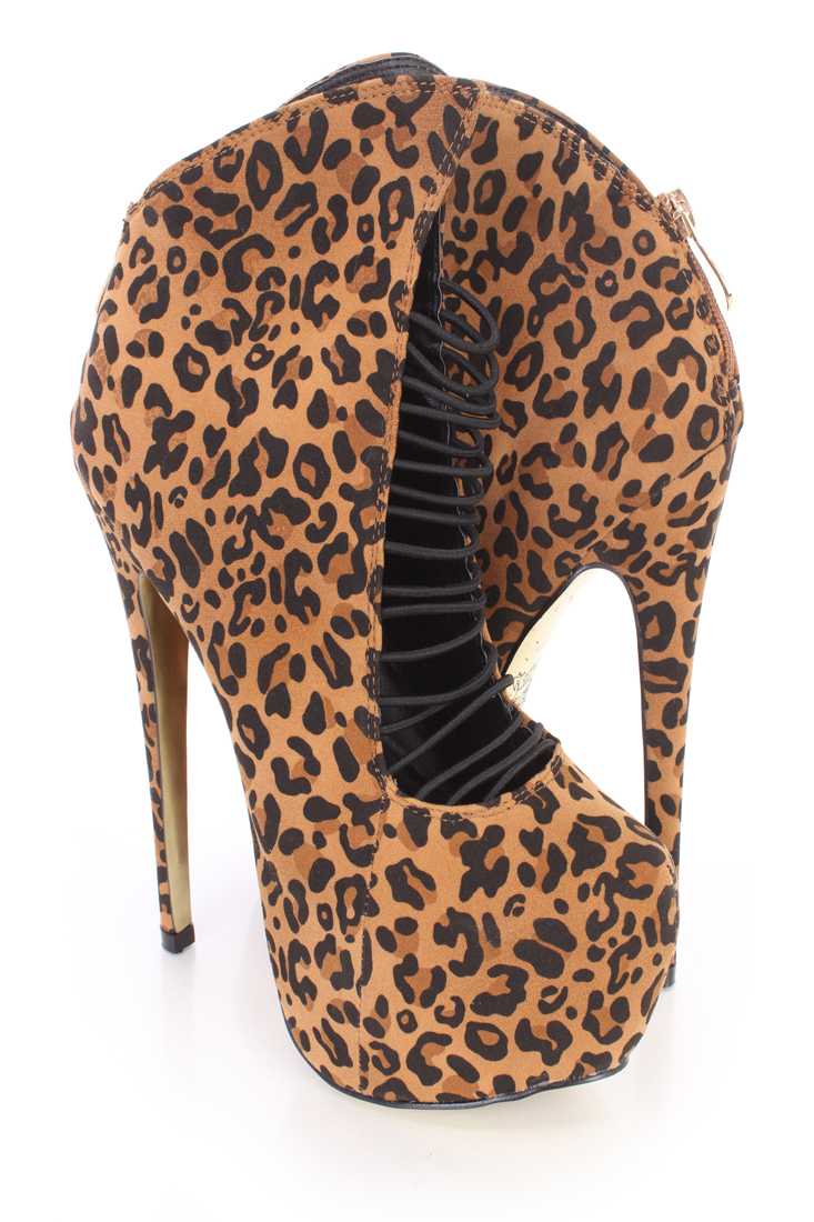 Leopard Elastic Strappy Platform Heel Booties Faux Suede