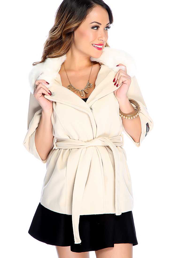 Light Beige Short Sleeves Hoodie Button Up Closure Faux Fur Collar Belted Coat