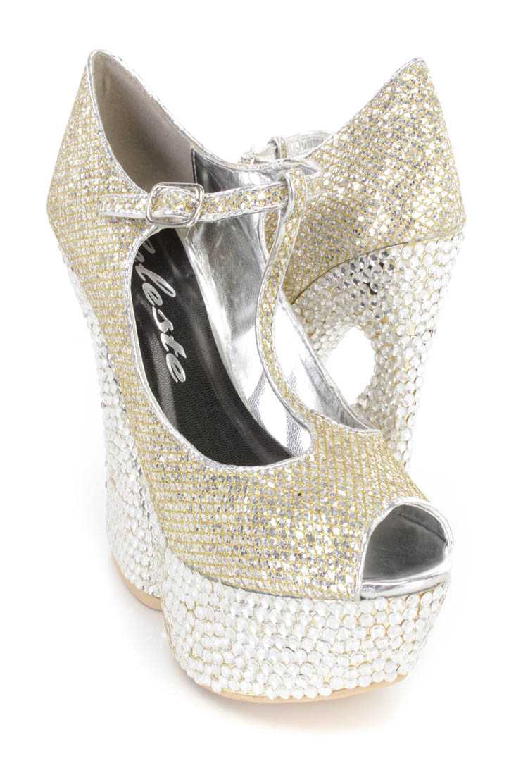 Silver Rhinestone T Strap Platform Heels Glitter