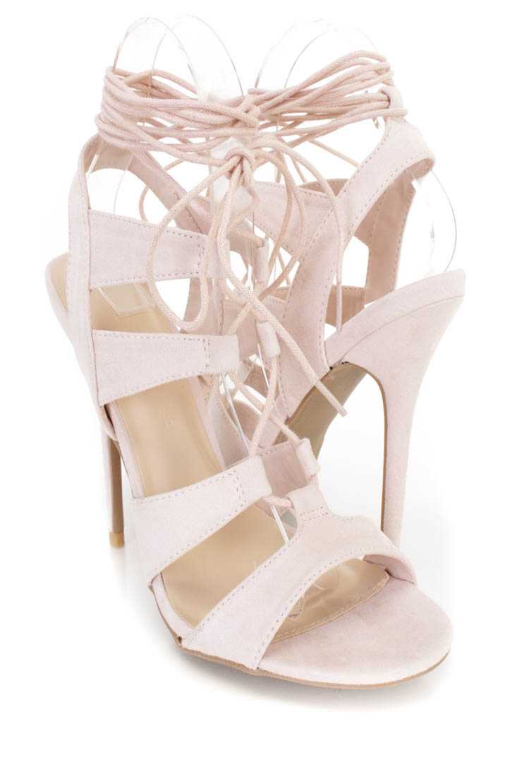 Nude Peep Toe Lace Up Single Sole Heels Faux Suede