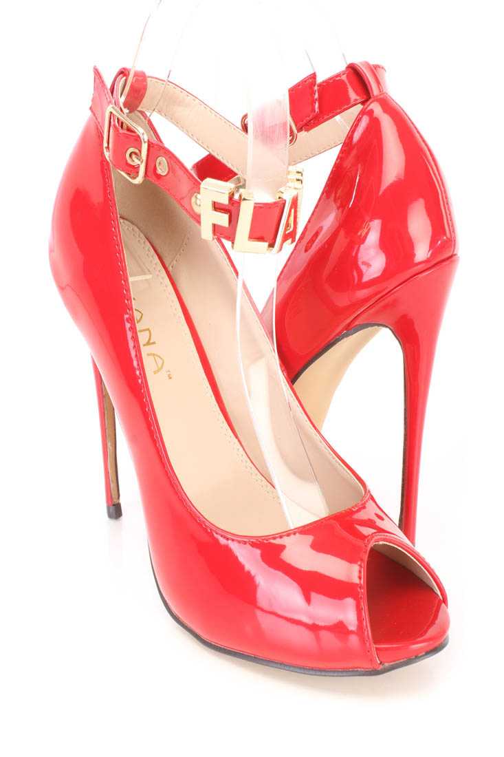 Red Flawless Ankle Strap Single Sole Heels Patent