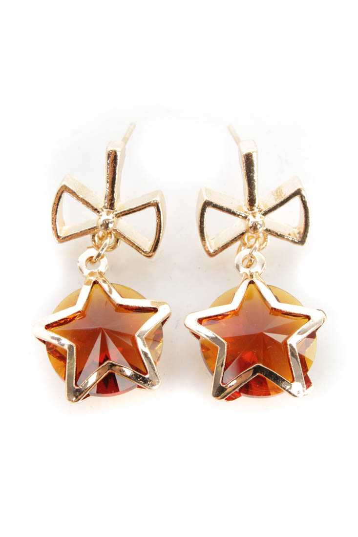 Cognac Gold High Polish Star Beaded Bow Earrings
