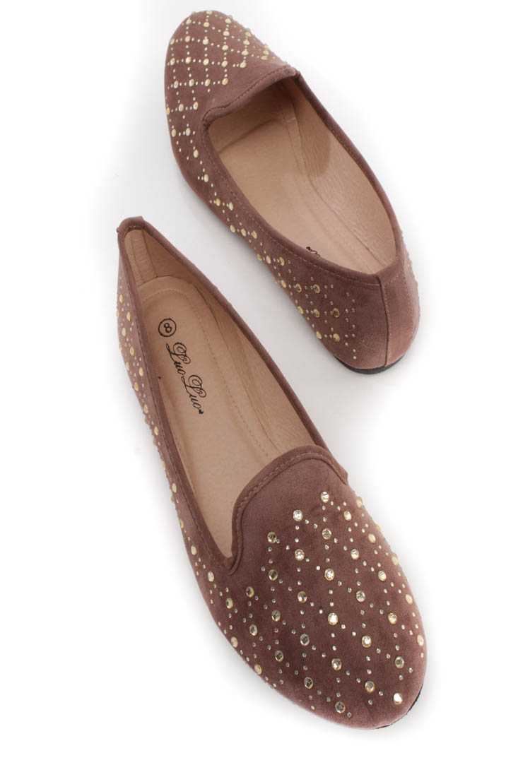 Brown Rhinestone Detail Flats Faux Suede