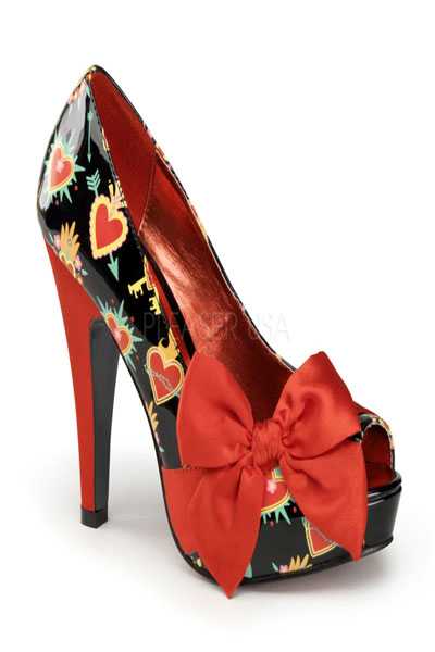 Black Patent Faux Leather Sacred Hearts Print Satin Bow Tie High Heels