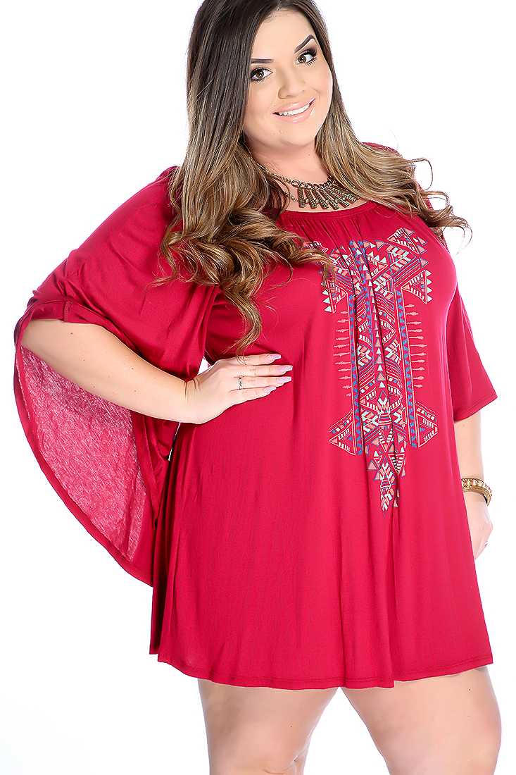 Sexy Wine Plus Size Tribal Print Detailing Casual Dress