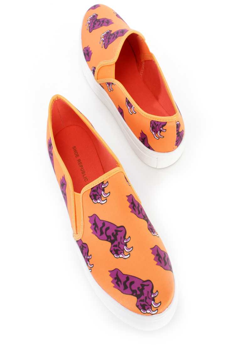 Orange Tiger Paw Pattern Loafer Sneakers Satin