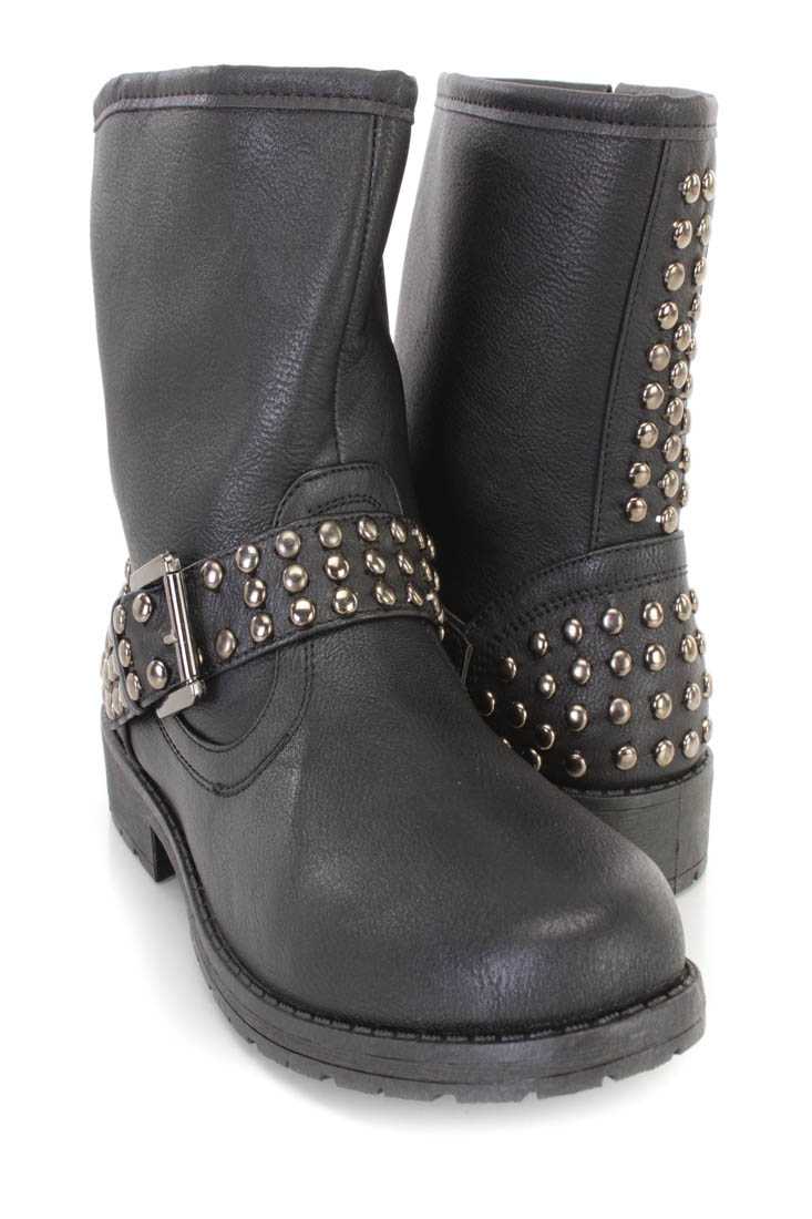 Black Studded Buckle Strap Ankle Booties Faux Leather