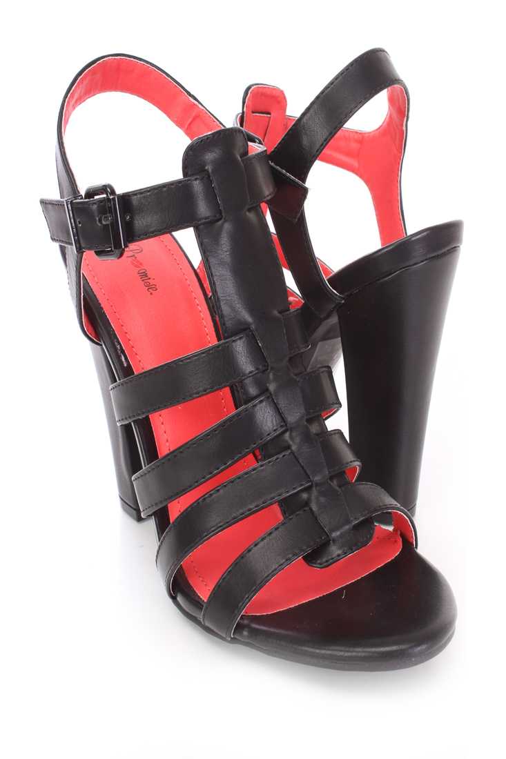 Black Strappy Single Sole Chunky High Heels Faux Leather