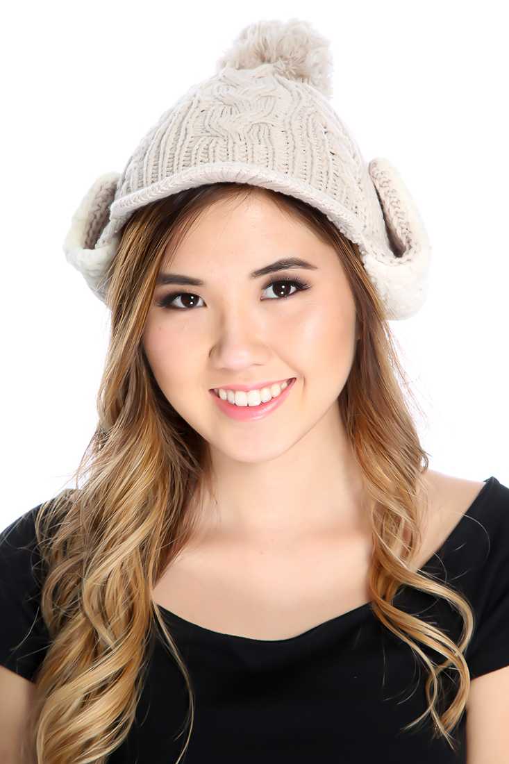 Beige Cable Knit Trapper Beanie