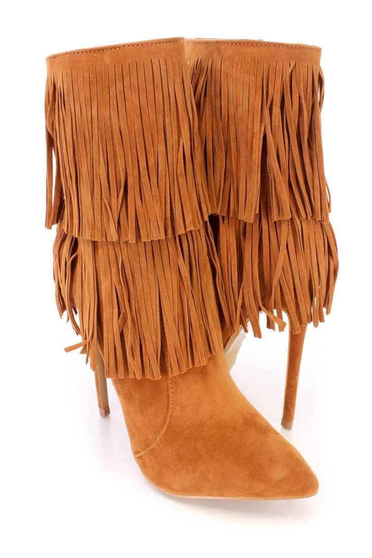 Chestnut Fringe Single Sole Stiletto Heel Booties Faux Suede