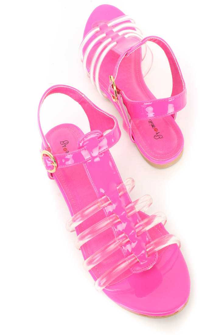 Fuchsia Clear Strappy Jelly Sandals Patent Faux Leather