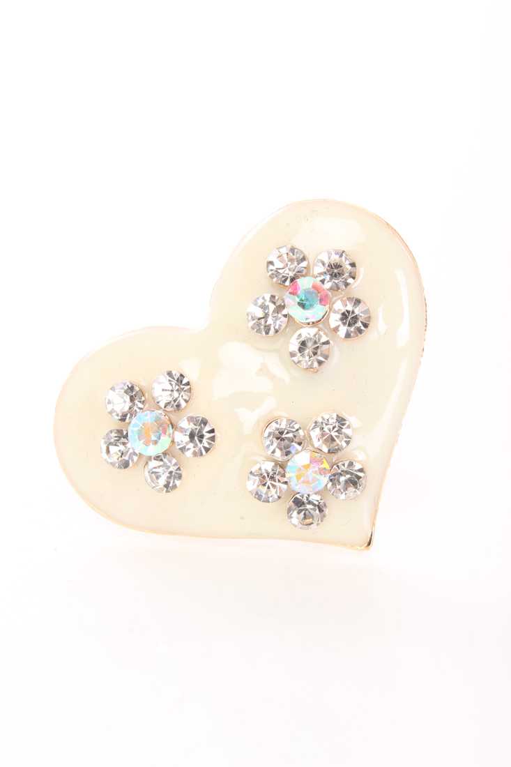 White Gold Floral Rinestone Heart Ring